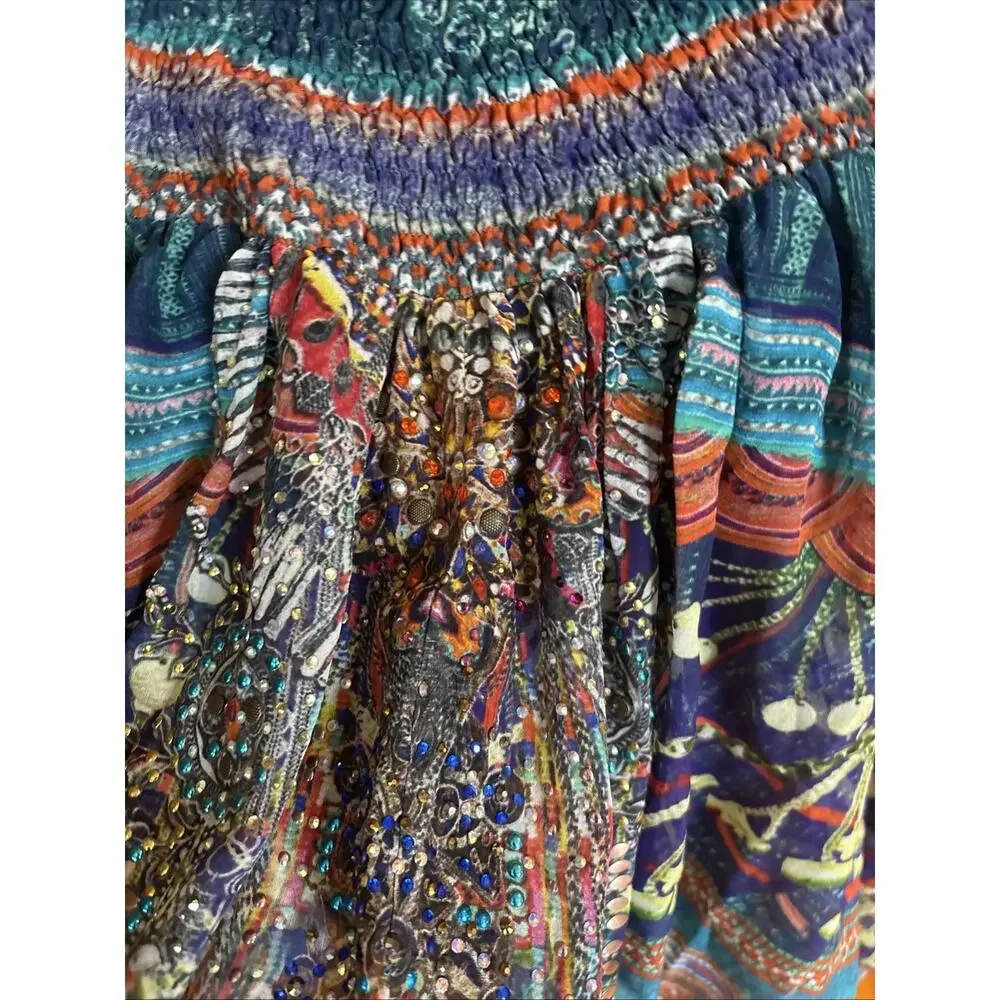 CAMILLA off shoulder or Silk Blouse crystals blue red open sleeve Shirred Cuff L - Picture 12 of 13